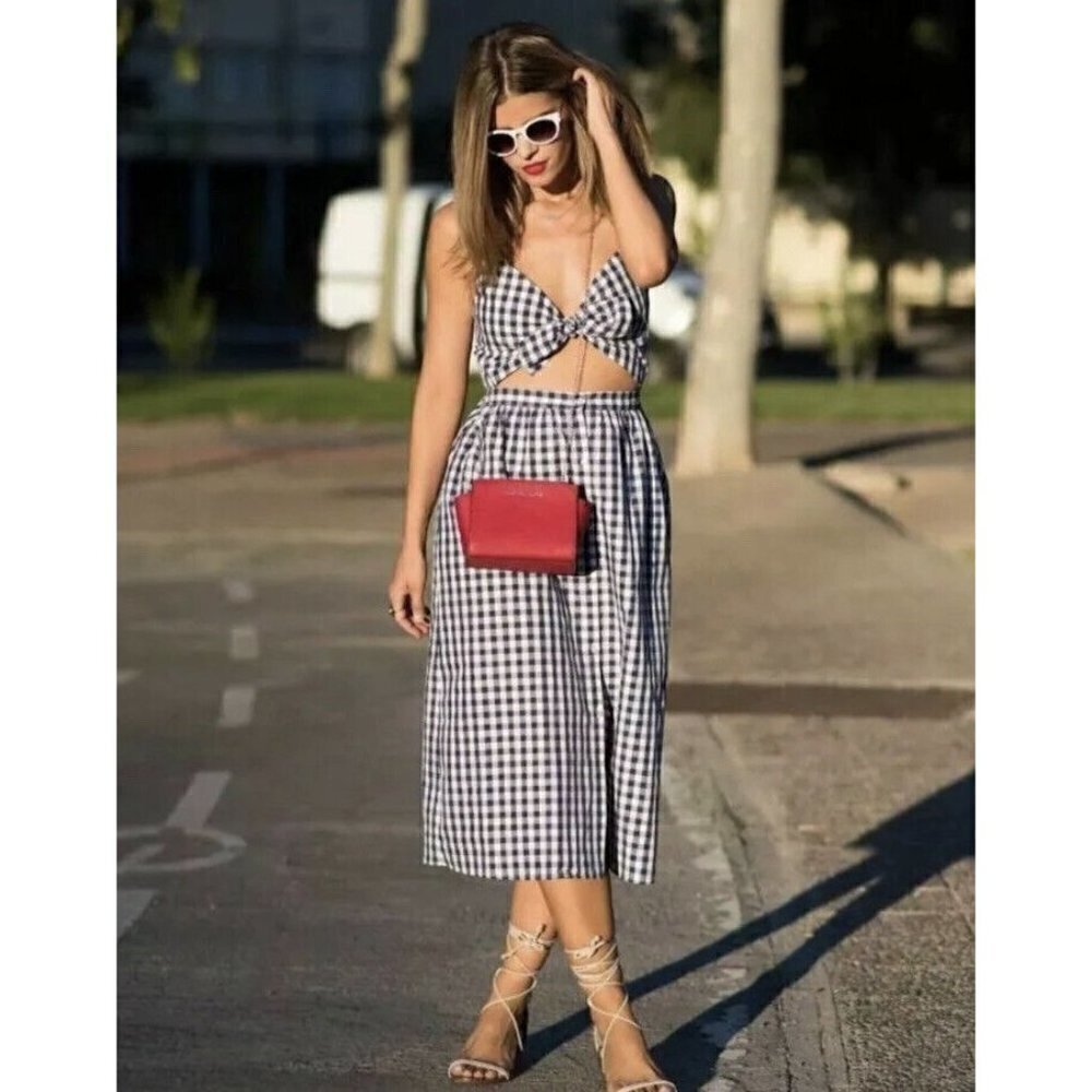 Zara Size Small Blue White Gingham Check Cut Out Midi Dress - Picture 1 of 12